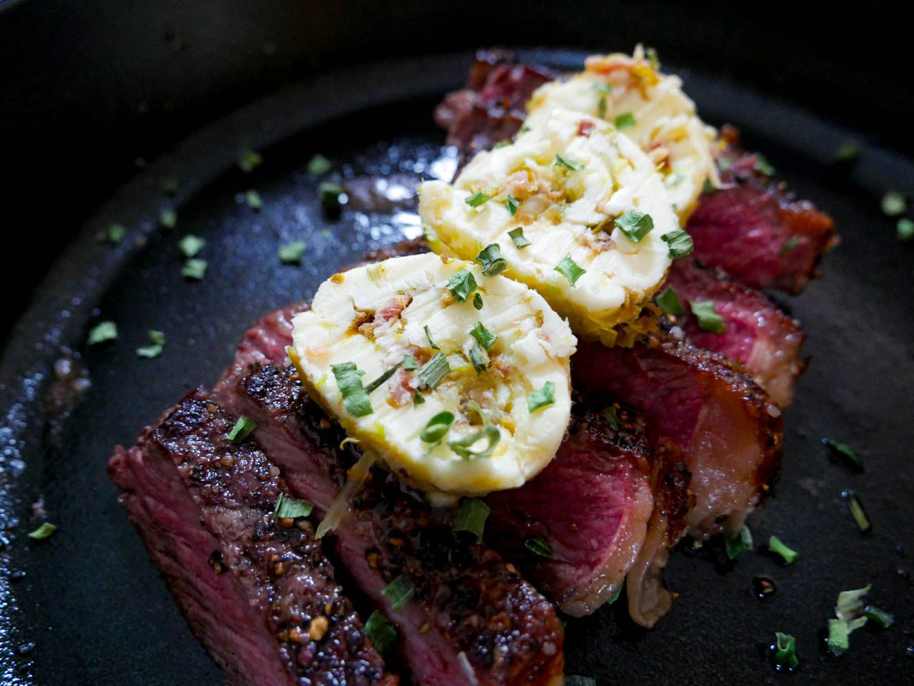 Leek and bacon compound butter on steak