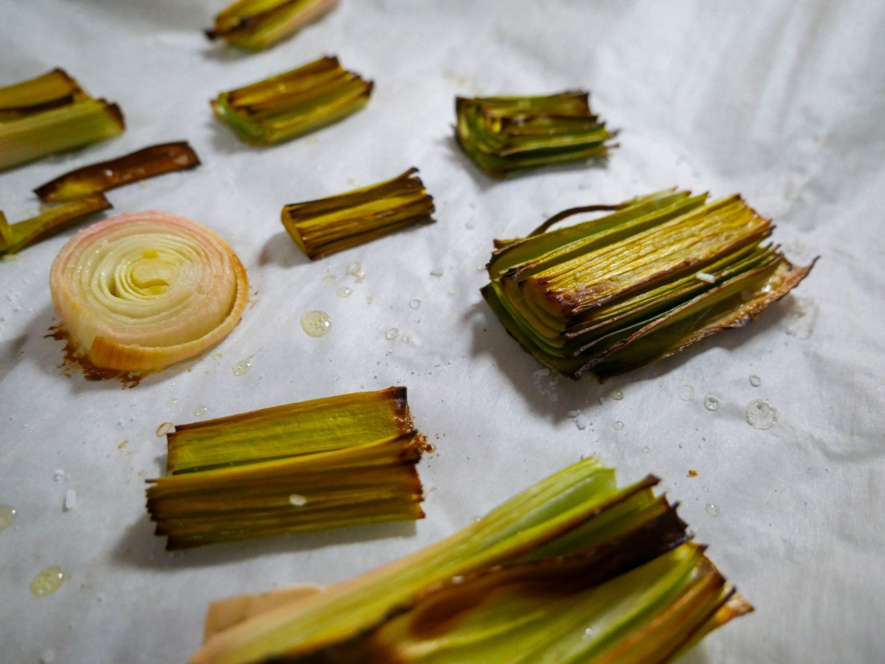 Cooked leeks for leek and bacon compound butter and dip