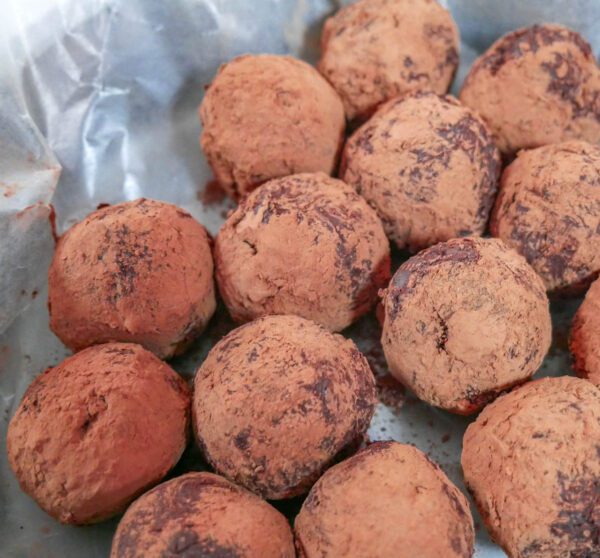 Beetroot chocolate truffles in a pan