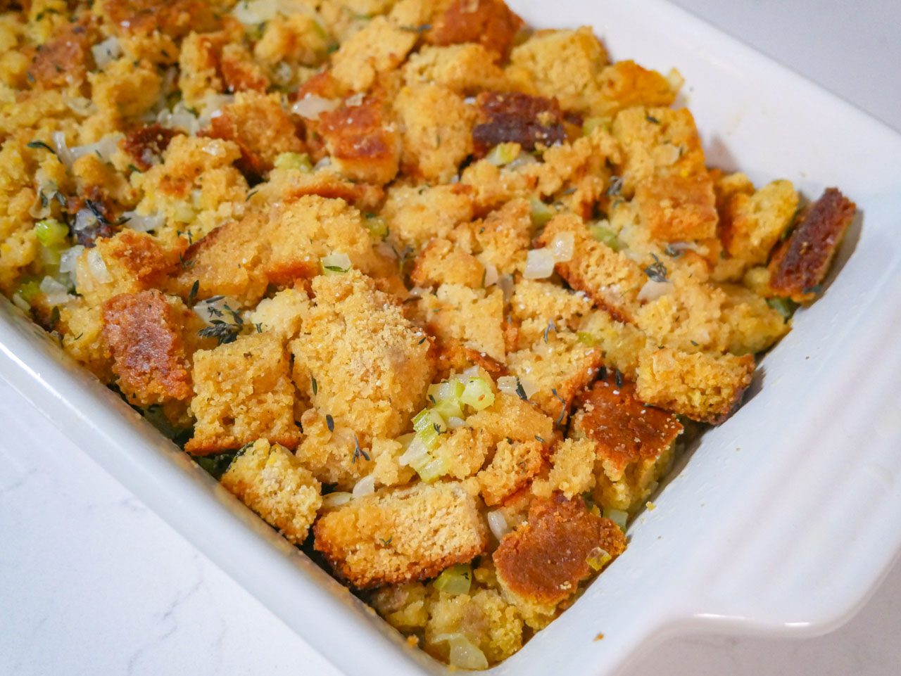 Grain-free cornbread stuffing before baked in oven
