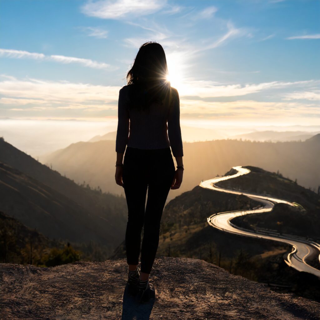 Woman on top of a mountain with a winding road going no contact with parents