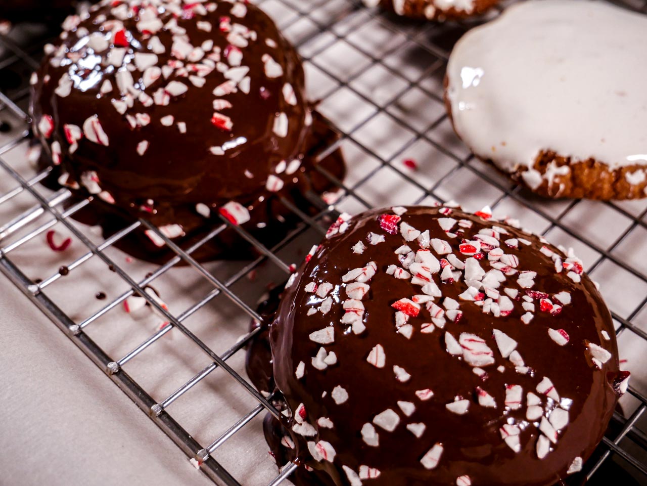 Peppermint Chocolate Marshmallow cookies on a wire rack