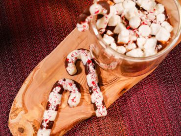 Peppermint bark hot chocolate stirrers with hot chocolate