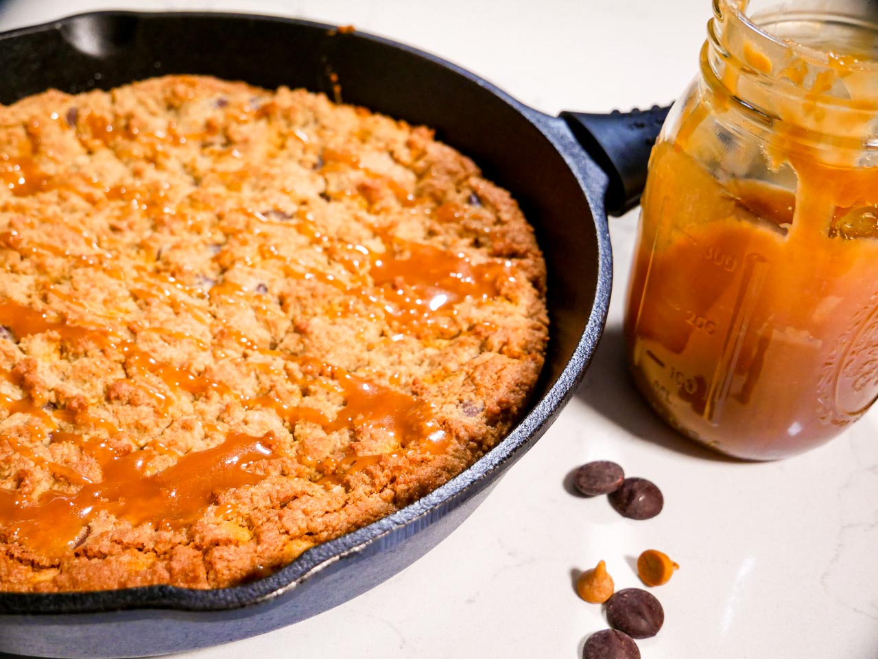 Salted Caramel Cookie Skillet with chocolate and butterscotch chips