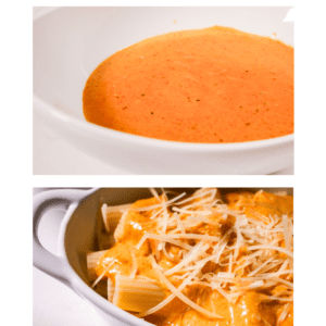 Roasted Red Pepper Collage with bisque in a white bowl and bisque as a sauce on pasta