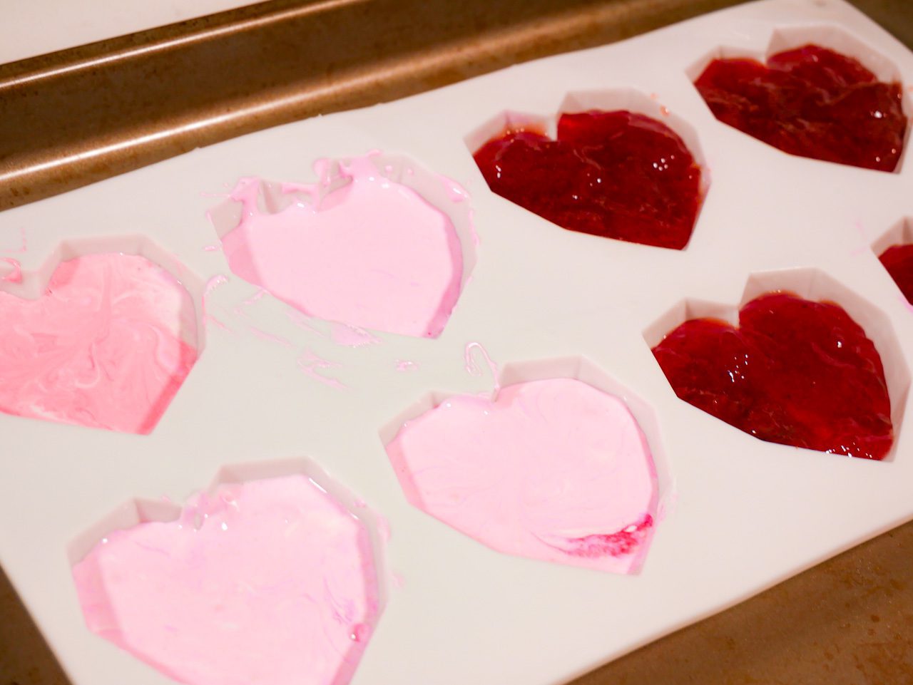 Fruit Jelly and Marshmallow fluff in heart-shaped silicone molds.