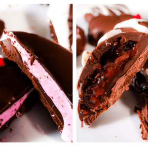 Fruit Jelly and Marshmallow Fluff Chocolate Hearts each cut in half, juxtaposed in the image side by side