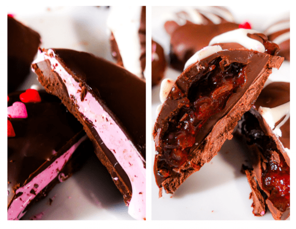 Fruit Jelly and Marshmallow Fluff Chocolate Hearts each cut in half, juxtaposed in the image side by side