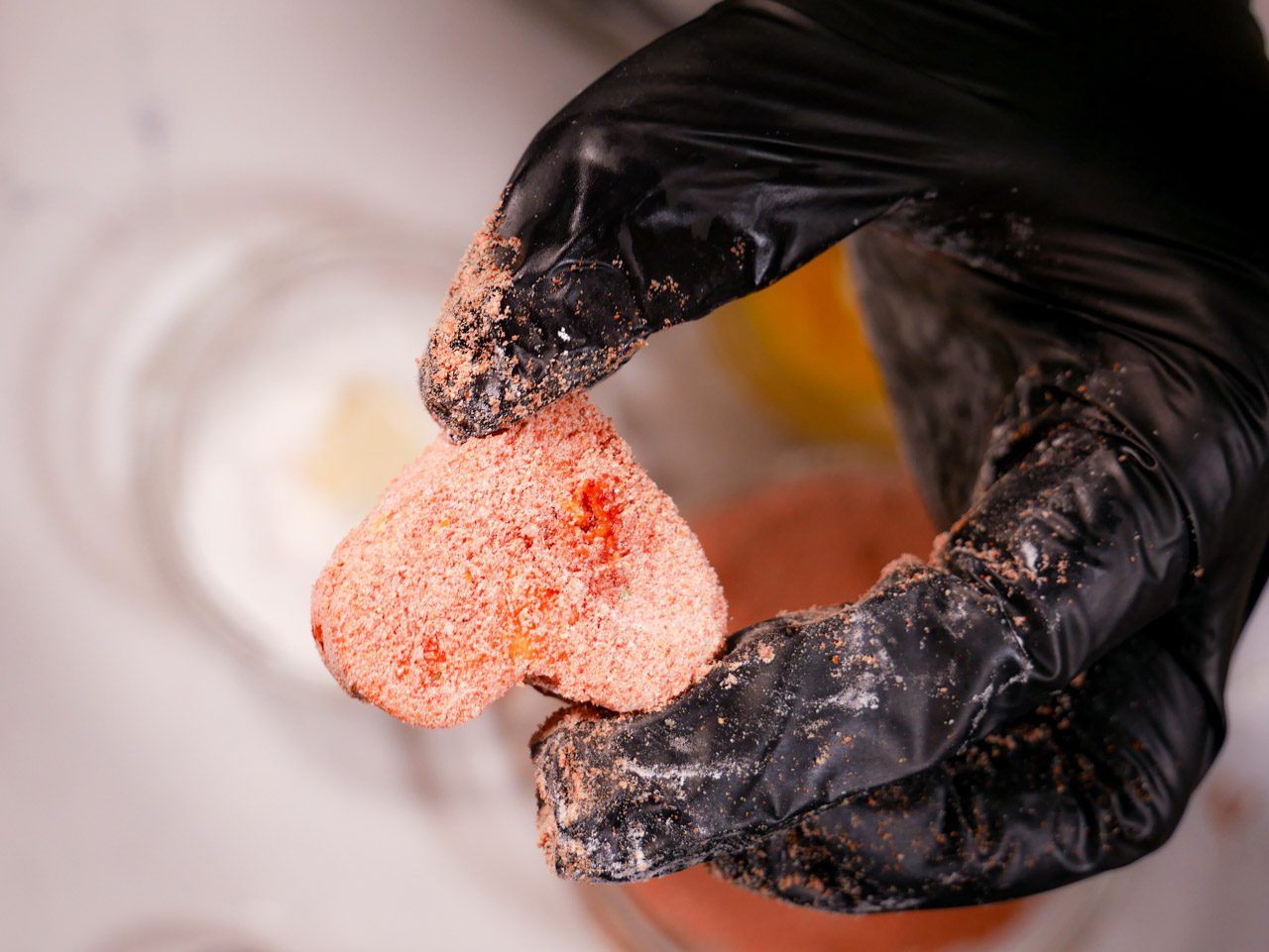 Heart-shaped Mozzarella coated in flour mixture