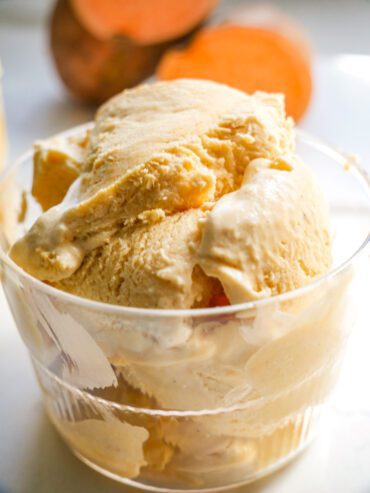 No-churn sweet potato ice cream scooped into a cup