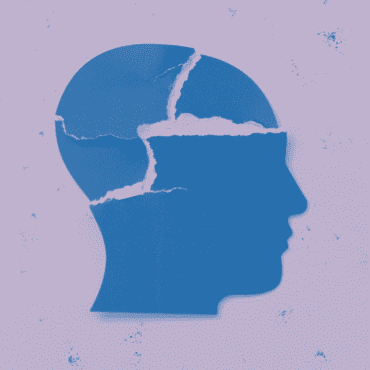 Fragmented pieces of a paper head-shaped cutout against a lavender background.