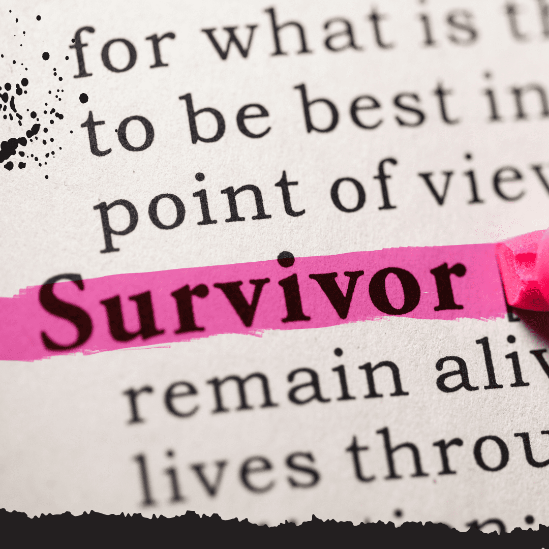 The word "survivor" in bold and highlighted in pink against a newspaper background