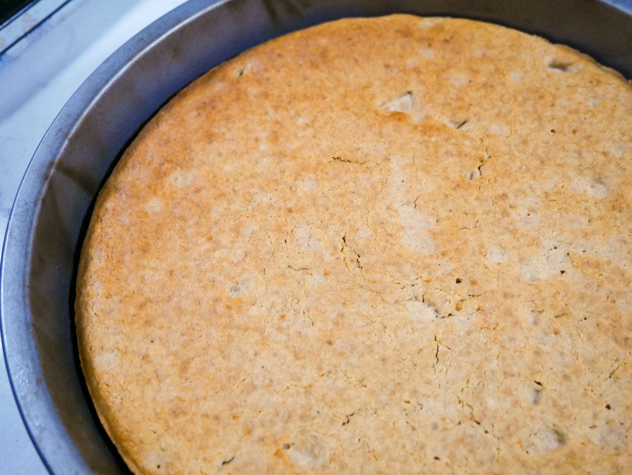 Tiger nut flour oven cake in a cake pan.