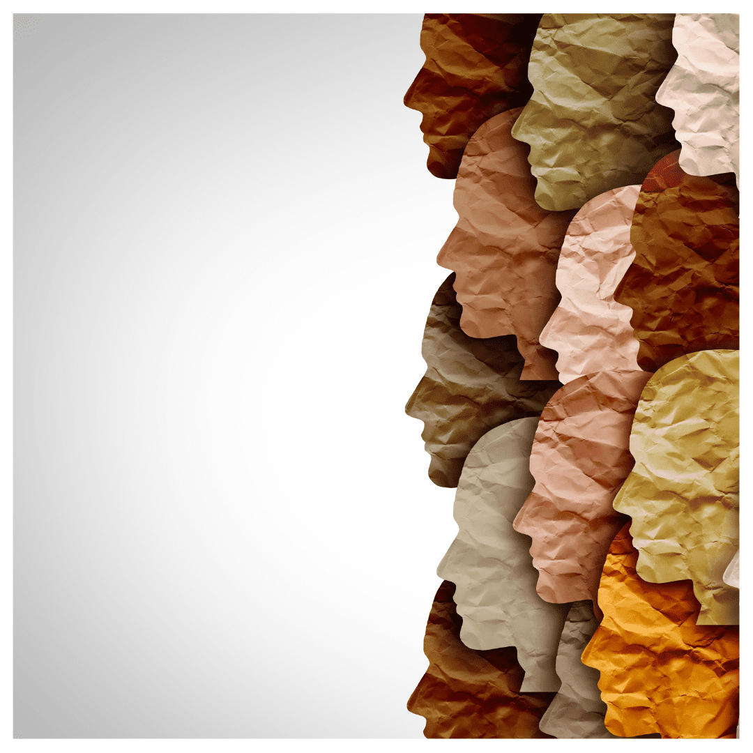 Societal Expectations - paper face cut outs with varying colors are layered on top of each other across one side of the frame against a gray-white background.