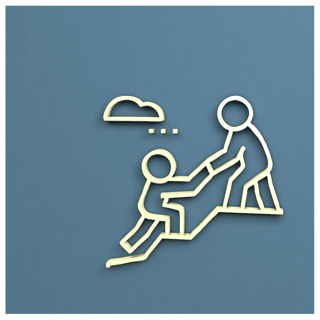 One figure helping another up a steep incline. One figure has a cloud overhead as they struggle to climb up. Yellow figures against a slate blue background.